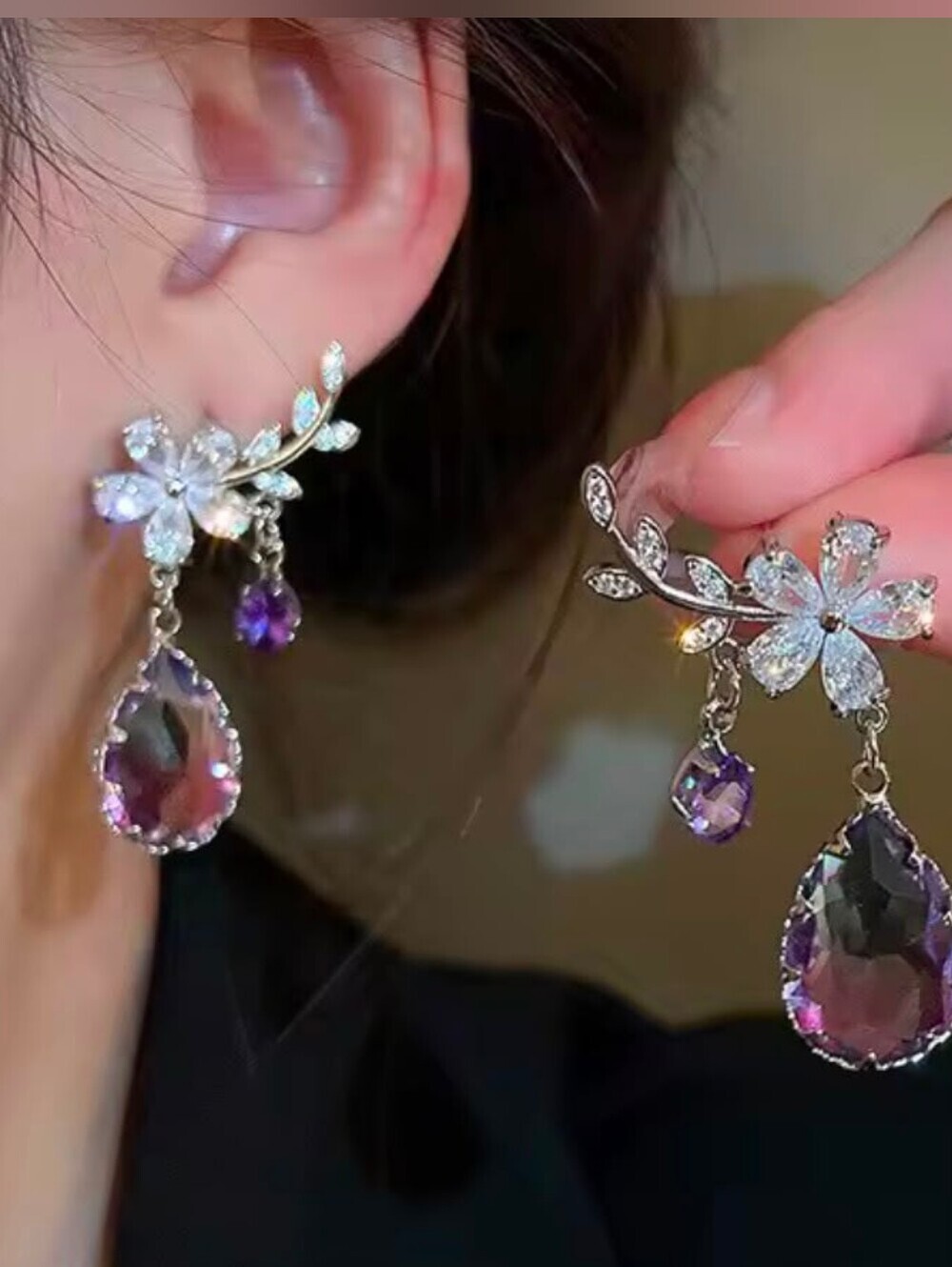 Floral Crystal Drop Earrings with Amethyst Teardrops
